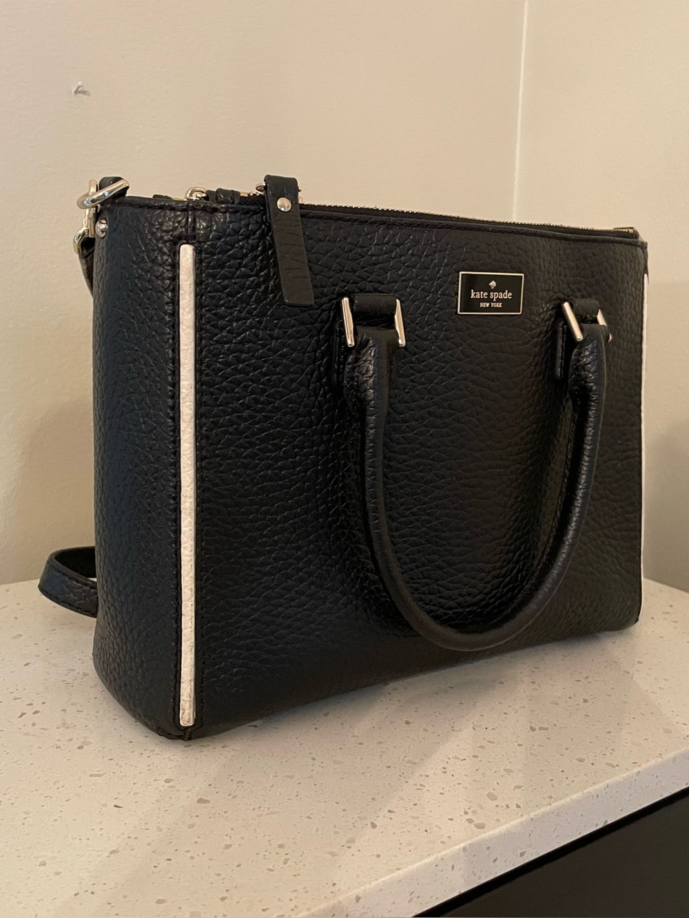 kate spade Black Pebbled Leather Satchel with Gold Accents